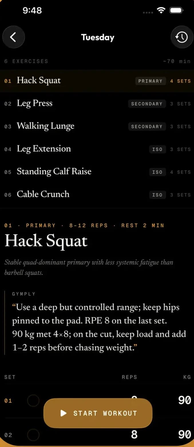 Gymply on an iPhone, Tuesday’s workout with six exercises, under a TestFlight notice: build 295 is ready to test, reps and weights are visible again