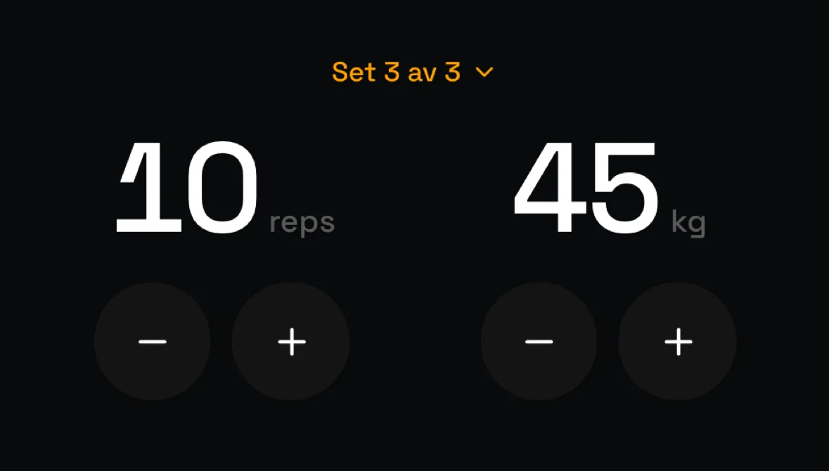 The same screen in a later build, with 10 reps and 45 kg shown at full size above the plus and minus buttons