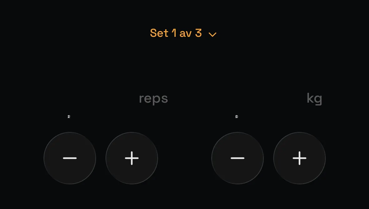Gymply’s active workout screen as the tester saw it: the reps and kg labels are there, but the values above the plus and minus buttons are tiny, unreadable marks