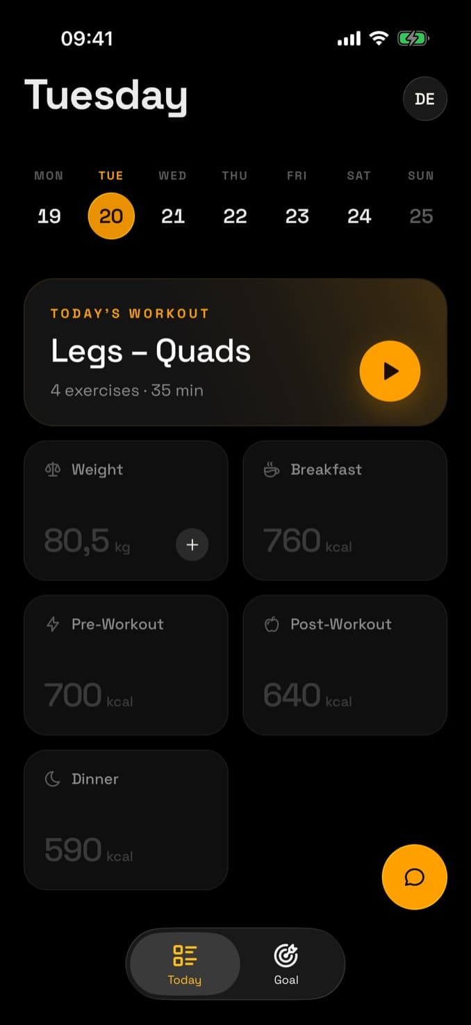 Gymply on an iPhone, Tuesday’s home screen with today’s workout and meals, under a TestFlight notice: build 295 is ready to test, done workouts survive a reinstall